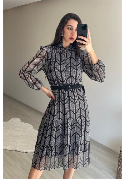 Neşeli Butik Kadın Yaka Lastikli Küçük Puantiyeli Midi Şifon Elbise Nm022 Siyah