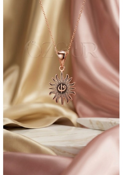 925 Ayar Gümüş Elif Ve Vav Figürlü Güneş Kolye Rose Gold