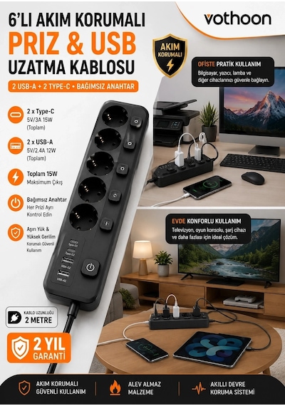 Akım Korumalı 5 Li Priz 2xusb 2xtype-c Çıkış Akım Koruma Çoklu Priz Çoğaltıcı Anahtarlı Ftr-31 Siyah