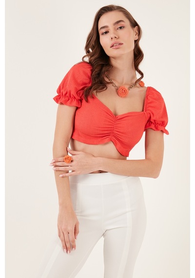Lela Slim Fit Büzgü Detaylı Kalp Yaka Crop Bayan Bluz 5865601 Nar Çiçeği