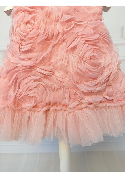 Ministok Mira Gül Kabartmalı Arkası Fiyonklu Kız Bebek Elbise Pembe