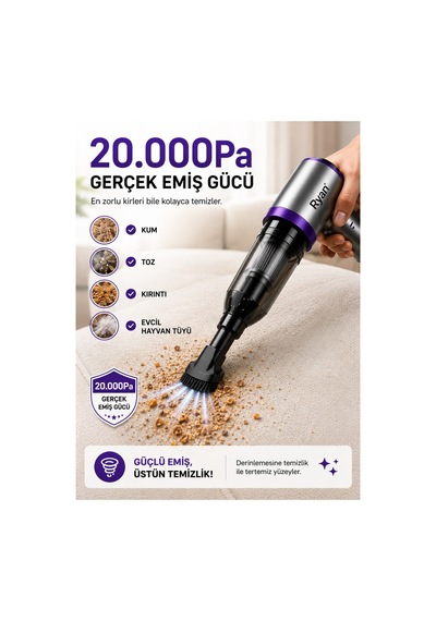 Delux Serisi Pratik Kompakt Otomobil Araç İçi Süpürge Kablosuz Şarjlı Ry-vc10 20.000pa 120w 7500mah