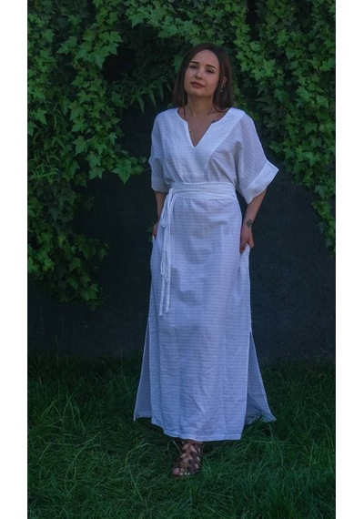 Dokuma Kaftan Elbise Rahatlığın Şıklığı Beyaz