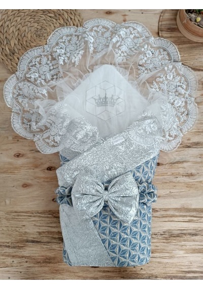Dantelli Lüks Bebek Kundağı Unisex Bebek Dış Kundak Battaniyesi Hastane Çıkışı Mevlütlük Hediyelik Knd45401 Gümüş