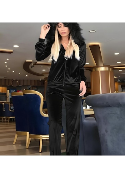 Buğrahayalin Kadın Uzun Kollu Önden Fermuarlı Kapşon Tüy Detaylı Kadife Bluz Ve Pantolon Ikili Takım Siyah Buğrahayalin Kadın Uzun Kollu Önden Fermuarlı Kapşon Tüy Detaylı Kadife Bluz Ve Pantolon Ikili Takım Siyah