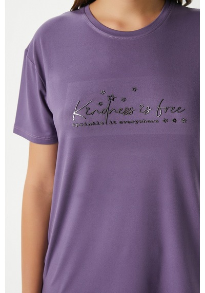 Ritnice Kadın Kindness Yumuşak Doku Mürdüm Yıldız Desen Bisiklet Yaka Kısa Kollu Alt Üst Pijama Takımı