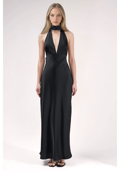 Hiccup V Yaka Bodycon Maxi Elbise Siyah