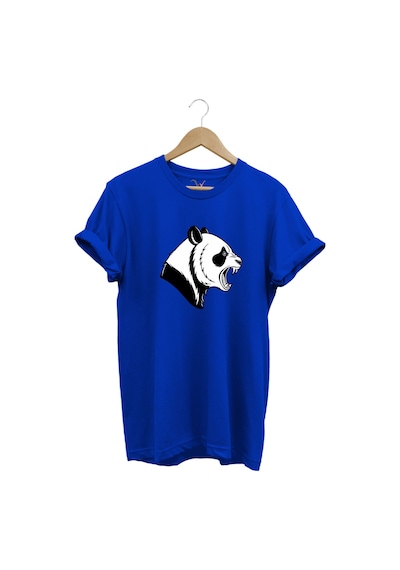 Kızgın Kükreyen Panda Baskılı %100 Pamuk Bisiklet Yaka Regular Fit Mavi T-shirt Mavi