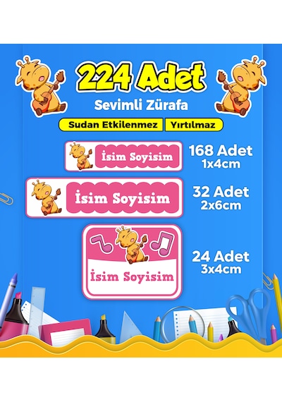 Sevimli Zürafa Temalı Okul Kreş Kişiye Özel İsim Etiket Seti - Model 69 Çok Renkli