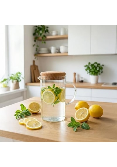 Mantar Kapaklı Borosilikat Cam Sürahi 2 Litre - Isıya Dayanıklı Minimalist Karaf Ve Detoks Şişesi