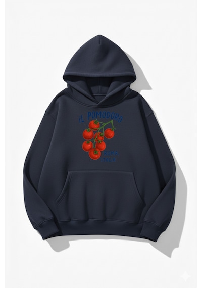 Uyguntarz Unisex Yumuşak Dokulu İl Pomodoro Roma Italia Baskılı Tasarım Oversize 3 İplik Hoodie Sweatshirt Indigo