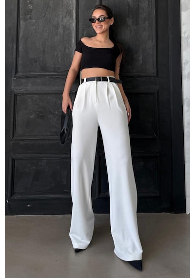 Madmext Beyaz Çift Pileli Kemerli Pantolon Mg2330 Beyaz