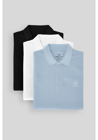 Tommylife Standart Fit Basic Polo Yaka 3lü Paket Siyah-beyaz-buz Mavi Erkek T-shirt 87748 Siyah-beyaz-buz Mavi