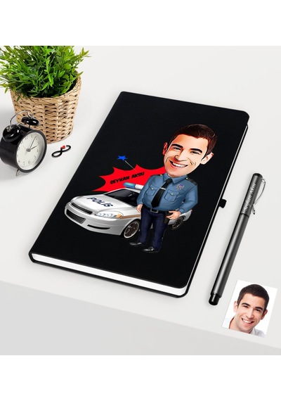 Kişiye Özel Bay Trafik Polisi Karikatürlü Siyah Defter Kalem Seti N11.2512 Siyah