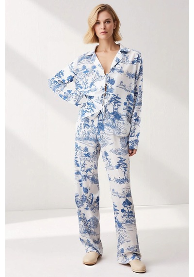 Benerly Kadın Gömlek Yaka Tek Kol Uzun Kollu Regular Kalıp Dokuma Pijama mavi