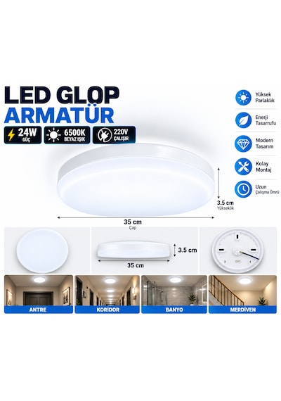 2'li Paket Kartek Kl 213 24w Led Glop Armatür 35 Cm 6500k Beyaz Işık 220v Sensörsüz Sıva Üstü Yuvarlak Tavan Lambası