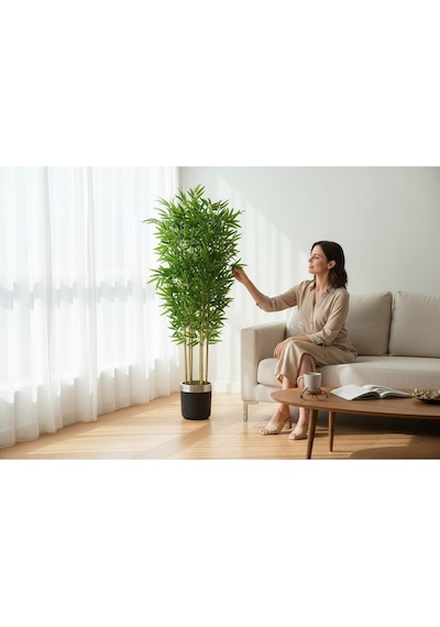 Yapay Bambu Ağaç 190 Cm 6 Dallı Yogun Yaprak Siyah Gümüş Saksı Yeşil