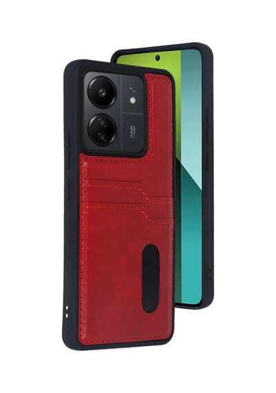 Xiaomi Poco C65 Uyumlu Deri Kartvizitli Kartlıklı Premium Telefon Kılıfı Kapak Kırmızı