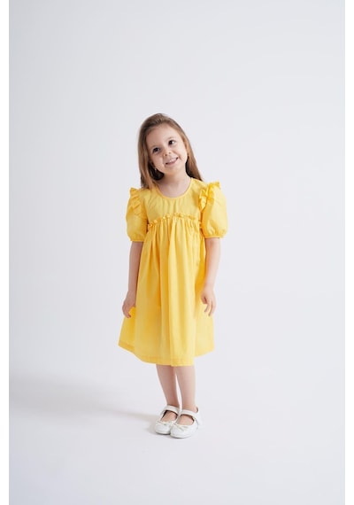 Oliventhekid Sarı Robadan Fırfır Büzgülü Kolları Lastikli Poplin Kız Çocuk Elbise Sarı Sarı