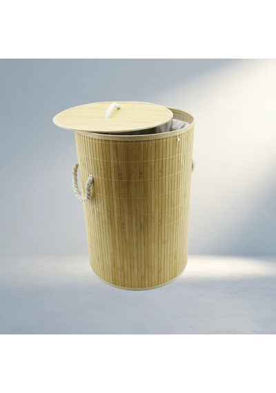 Kapaklı Yuvarlak Bambu Ahşap Kirli Çamaşır Sepeti 35x60cm Açık Ahşap