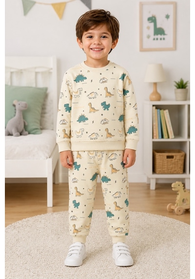 Monox Unisex Şardonlu İçi Polarlı Baskılı 3 İplik Takım Ekru