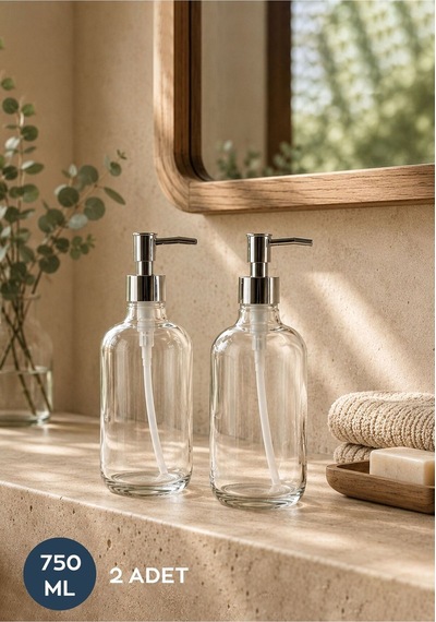 Buççin Online Mağaza Modern Tarz Cam Sıvı Sabunluk Seti Büyük 750 Ml 2 Adet Cam Şeffaf Çok Renkli