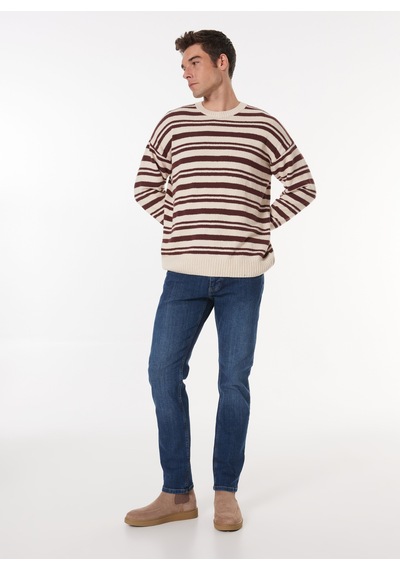 Mustang Erkek Kahve - Bej Bisiklet Yaka Loose Fit Çizgili Kazak M4wm-kzk-1622