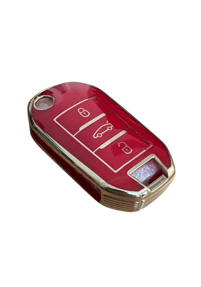 Autohan Keys Peugeot İçin Anahtar Kılıfı, 3 Düğmeli, 301 307 308 208 508 2008 3008 Partner Van Uyumlu, Kırmızı-altın Renk, Premium Sustaıı Tasarım