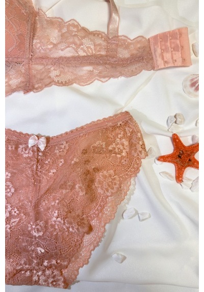 Kadın Üçgen Dantel Bralet Desteksiz Sütyen Takım Pudra