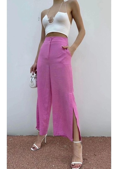 Hazel Kadın Pembe Keten Yırtmaçlı Yüksek Bel Palazzo Pantolon-pembe Pembe