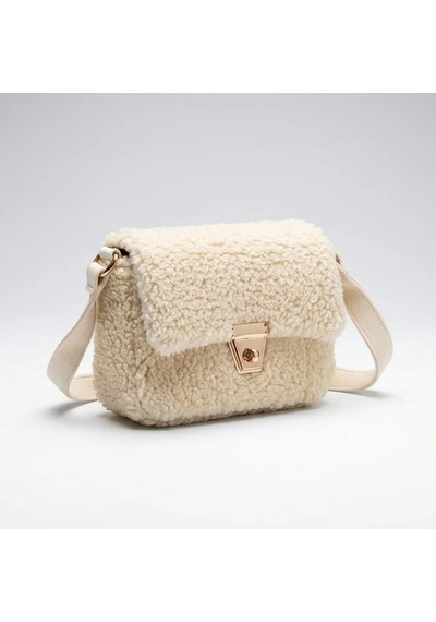 Krem Peluş Görünümlü Kadın Omuz Ve Çapraz Askılı Çanta 18x14 Cm - Lisinya