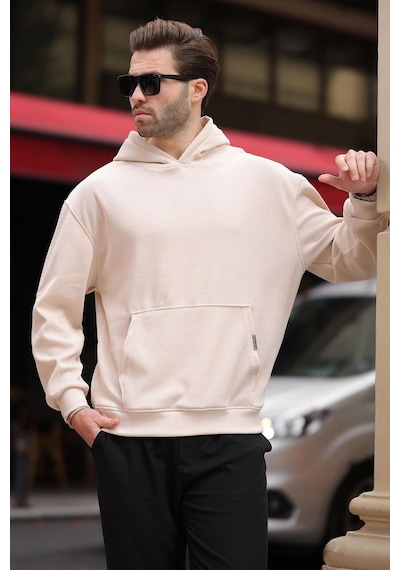 Madmext Bej Kapüşonlu Cep Detaylı Dokulu Sweatshirt E7101 Bej