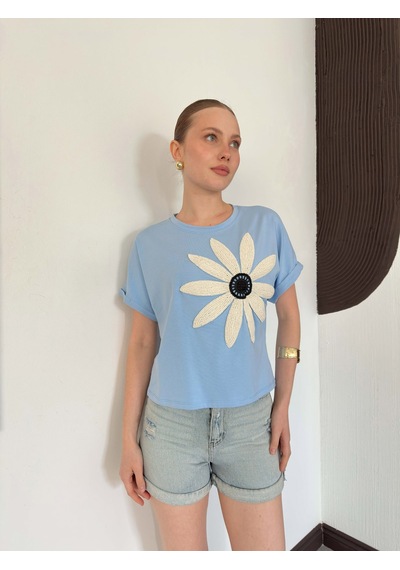 Verymoda Çiçek Detaylı Tişört D2910 Mavi