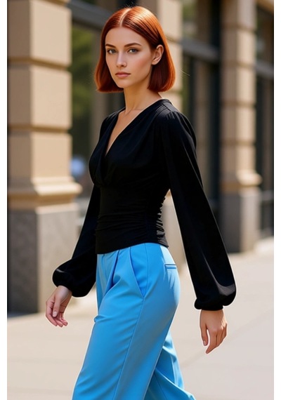 Ersefa Stil Kadın Animal Baskı Yeşili Büzgü Drape Detaylı Kollu Esnek Bl siyah