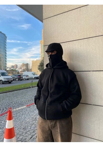 Efnaz Style Samuray Ninja Çift Kapşonlu Zıp Fermuarlı Kanguru Çepli Tam Fermuarlı Hoodie Swetshirt - Siyah