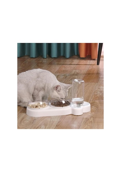Çift Hazneli Kedi Mama Ve Su Kabı 550 Ml Su Şişeli, 15 Eğik Tasarım Otomatik 3 Gün İdare Edebilir