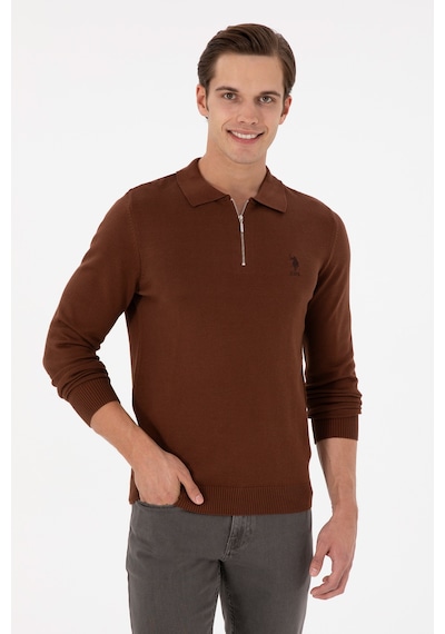 U.S. Polo Assn. Erkek Slim Fit Yarım Fermuarlı Kahverengi Basic Kazak 50297066-VR158