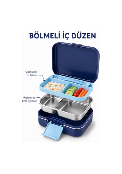 Happi Astronot Paslanmaz Çelik Bölmeli Beslenme Kutusu 1030 Ml Çatal Kaşık Dahil Lacivert