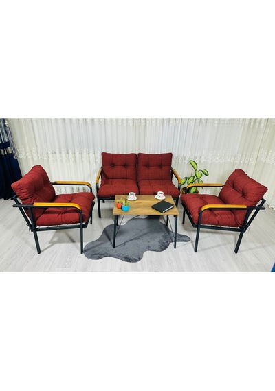 Madame Home Kaktüs Balkon, Bahçe,teras,cafe - Salon - Metal Kanepe Koltuk Takımı - 2 1 1 Sehpa Bordo