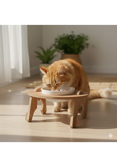 Ahşap Kedi Su & Mama Kabı - Tekli Oval Model - Eğimli - Kırılmaz Melamin Kase - 1 400ml