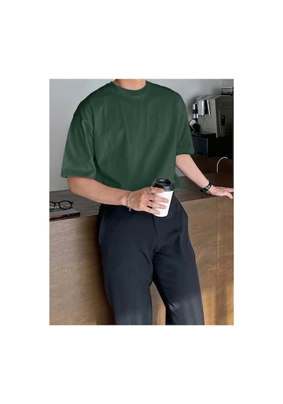 Tarz Cool Erkek Bisiklet Yaka %100 Pamuk T-shirt Haki