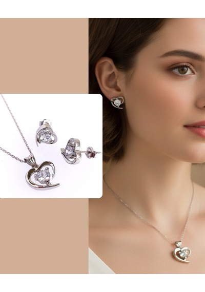 Gümüş Rodyumlu Heart Kalp Küpe Kolye Ucu Trend Kadın Set