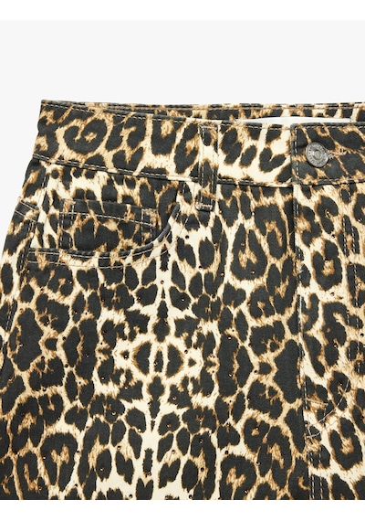 Koton Leopar Desenli Taşlı Yüksek Bel Düğmeli Cepli Pamuklu Mini Şort Leopar Desenli 6sal40165mw