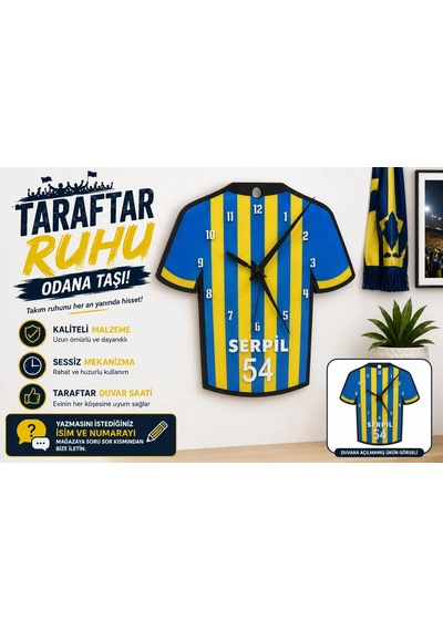 İsimli Taraftar Duvar Saati , Kişiye Özel - Hediyelik İsimli Forma Duvar Saati - İsimli Sarı Laciver Siyah