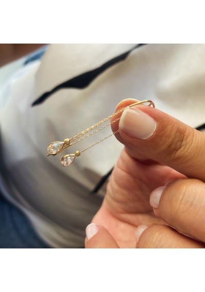 Beyaz Damla Taşlı 14k Altın Zincir Küpe