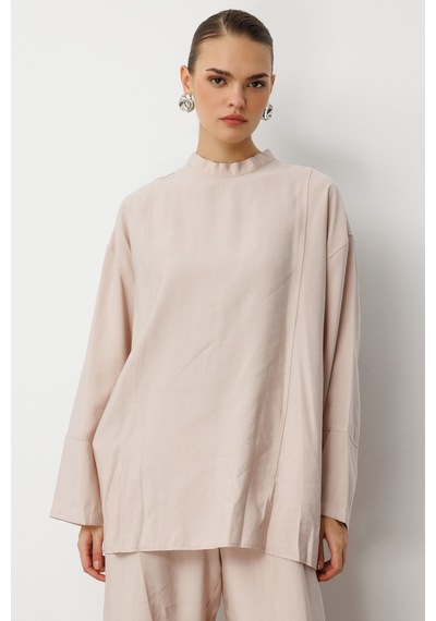 Mizalle Oversize Yüksek Yaka Modal Karışımlı Bej Rengi Tunik Bej