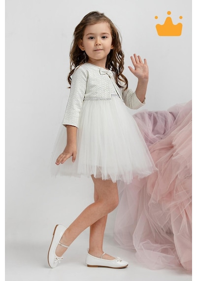 Babyhola Minimony 6-24 Ay Mine Desen Ceketli Kız Bebek Çocuk Bayramlık Abiye Gelinlik Elbise Takım 1013 Beyaz