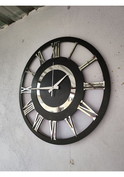 Siyah Renk Gümüş Sayılı Hediyelik Ahşap Dekoratif Ev Hediyelik Duvar Saati 50cm Gümüş