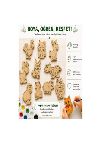 Ahşap Boyama Hayvanlar 10 Lu 1 Paket 10x15cm Set3 Ahşap Boyama 6 Renk Boya Resim Fırçası Etkinlik Çocuk Gelişim Motor