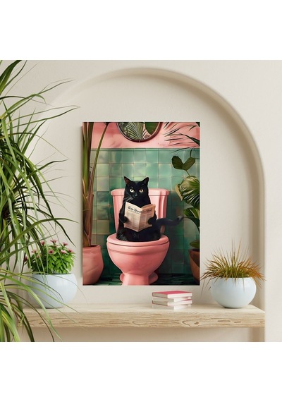"tuvalette Gazete Okuyan Siyah Kedi Duvar Posteri Eğlenceli Dekoratif Tasarım-çerçevesiz